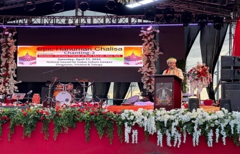 High Commissioner Dr Pradeep Rajpurohit attended the 3rd edition of the Epic Hanuman Chalisa Chanting organized by 19 local diaspora organizations in collaboration with Overseas Friends of Ram Mandir, New York at the premises of National Council of Indian Culture (NCIC) in Chaguanas, Trinidad on April 27, 2024. More than 15,000 devotees gathered at the open compound in the auspicious evening in an atmosphere of bhakti, spirituality and devotion. 11,000 Raksha Sutras brought from Ayodhya were distributed among the devotees. The mega event was graced by senior Ministers, MPs, Mayors and other dignitaries of Trinidad & Tobago. The powerful Chanting of Hanuman Chalisa charged up the atmosphere.